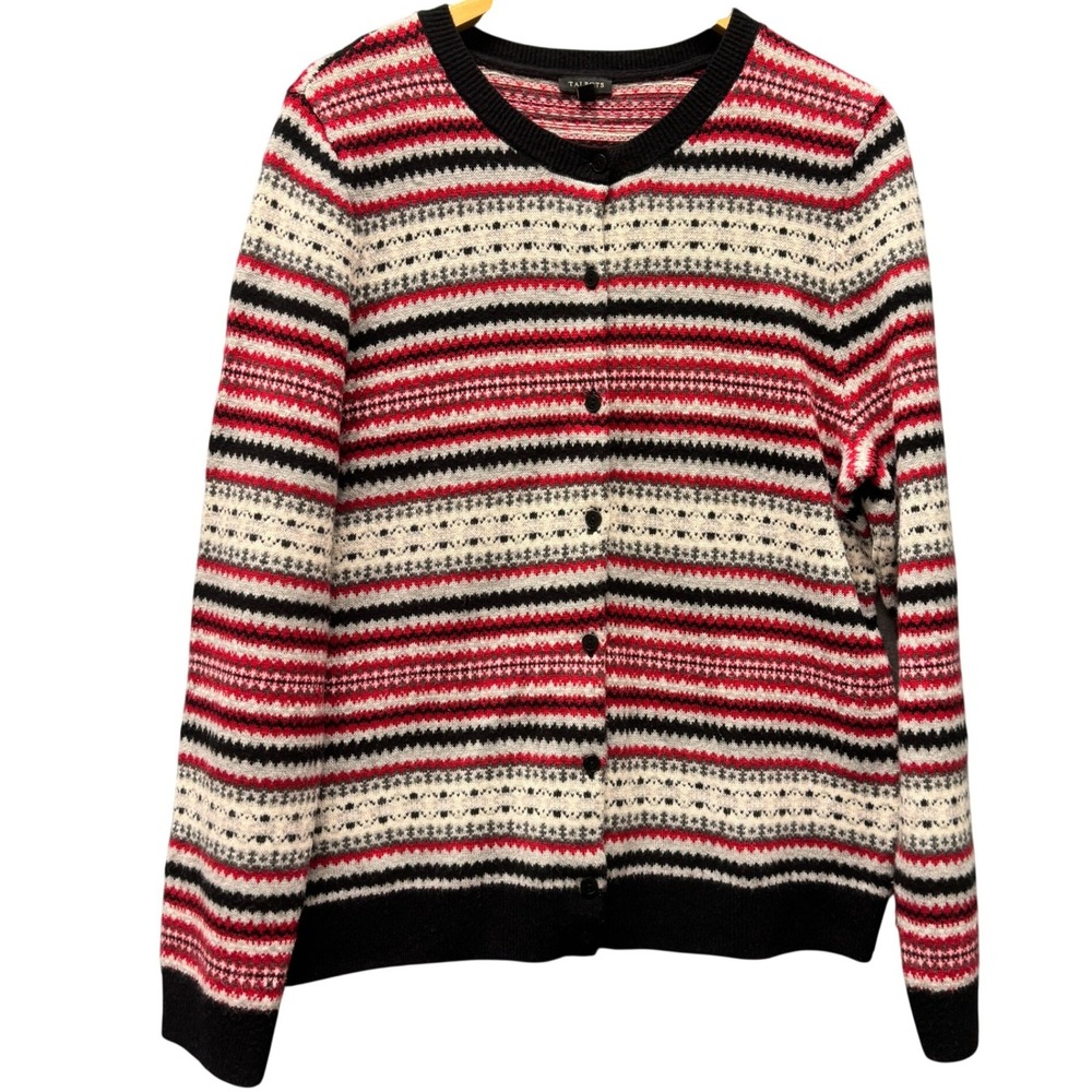 Talbots Cardigan Sweater Womens XL Fair Isle Striped Lambswool Blend Button Up